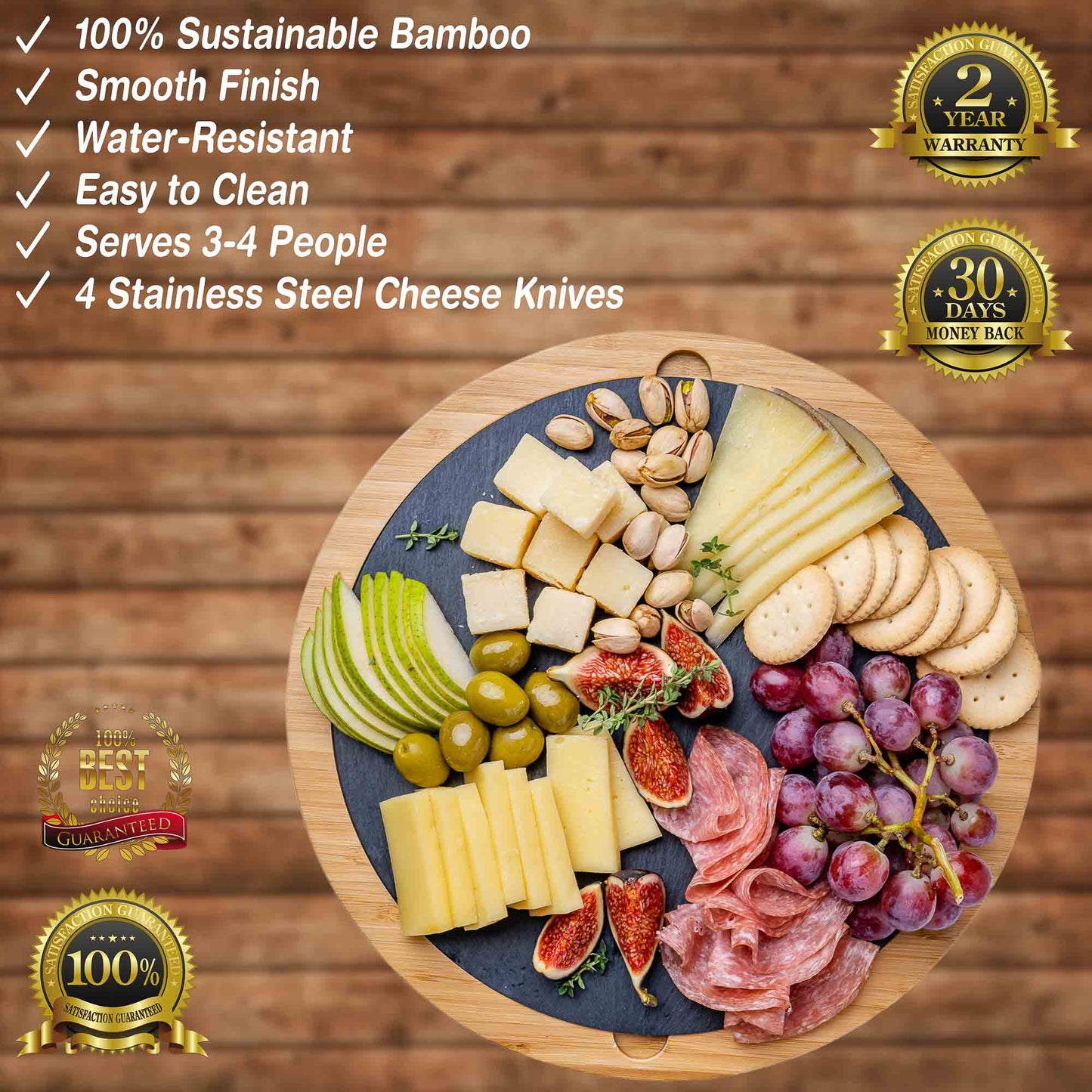 Round Bamboo Cheese Board with Knife Set | Harlow & Hearth